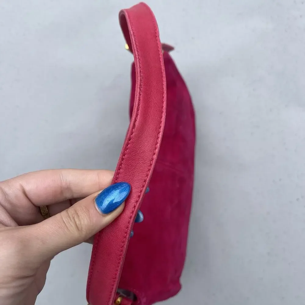 FENDI Mamma Baguette Pink Suede Gold Glitter Flap Shoulder Bag Purse - Picture 7 of 16